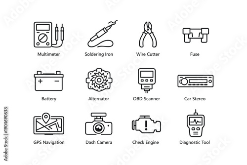 Automotive tools and devices icons: multimeter, soldering iron, wire cutter, fuse, battery, alternator