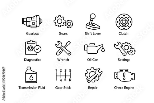 Automotive icons: gearbox, gears, shift lever, clutch, diagnostics, wrench, oil can, settings