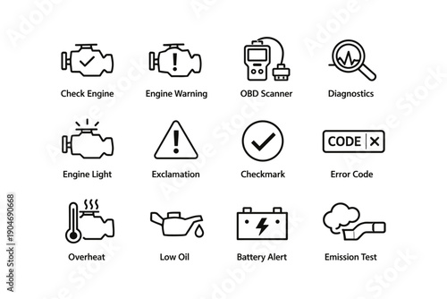 Car dashboard icons: check engine, diagnostics, emission test, battery alert, low oil, overheat