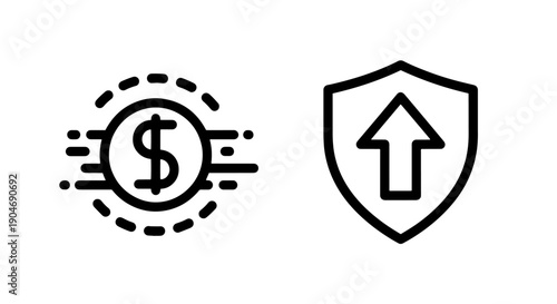 Dollar coin with energy radiating and shield with upward arrow, symbolizing financial security and growth.