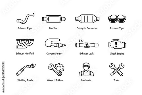 Icons of car exhaust system components and mechanic tools set