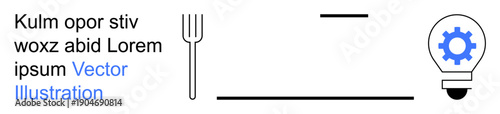 Innovation, food industry, creativity, technology integration, minimalism, conceptual design. A fork, minimal lines and a light bulb with a cogwheel. Innovation and creativity concept
