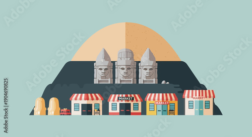 Ancient stone heads carved into a mountain overlooking a row of small storefronts, representing local attractions and businesses on a sunny day
