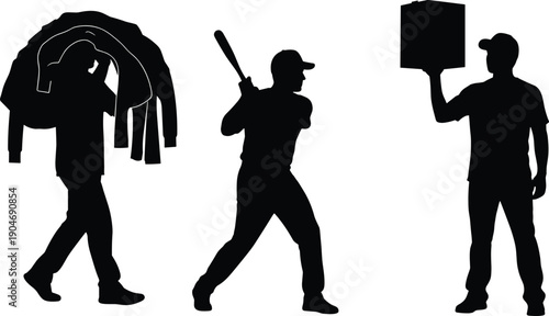 Collection of Black Vector Silhouettes Featuring a Person Carrying Laundry a Baseball Player With a Bat and a Delivery Man Holding a Large Package Box