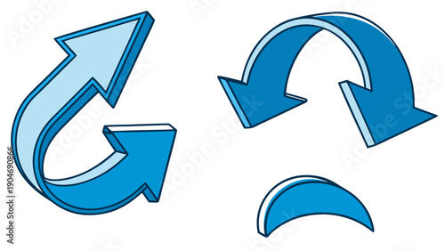 Set of blue three dimensional curved arrows indicating direction and motion on white background