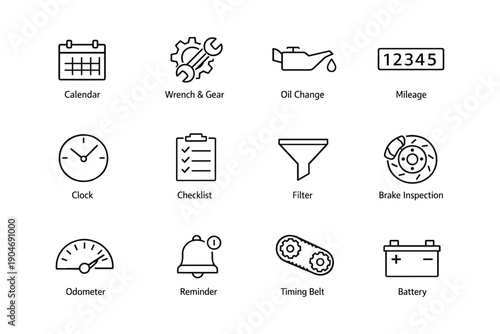 Vehicle maintenance icons: wrench, gear, oil, mileage, battery