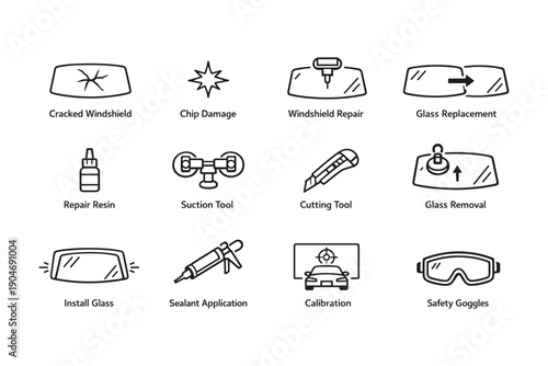 Windshield repair tools and processes: cracked glass, chip damage, resin application, and safety gear