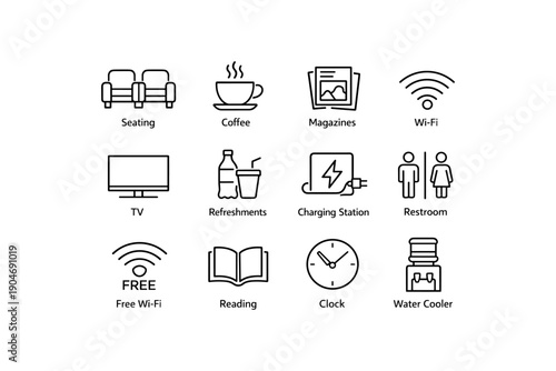 Airport lounge amenities: seating, coffee, wi-fi, refreshments, charging stations