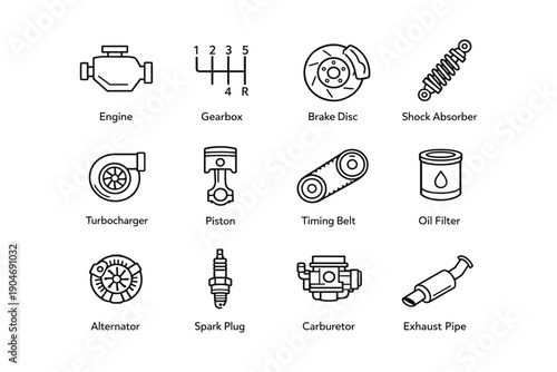 Engine and automotive parts illustration: turbocharger, piston, gearbox, brake disc, exhaust