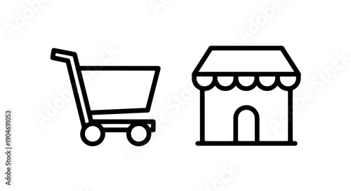 Shopping cart next to a simple store building icon, symbolizing retail and purchasing