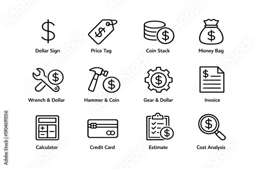 Black and white finance icons: dollar, price tag, coin stack, money bag, tools, invoice, calculator