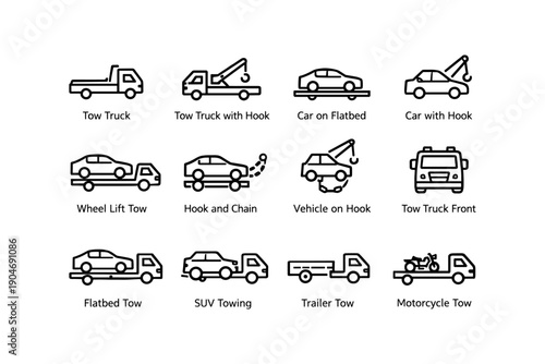 Tow trucks and vehicles icon set with hooks and chains