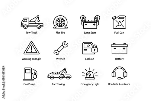 Roadside assistance icons: tow truck, flat tire, jump start, fuel can, emergency light