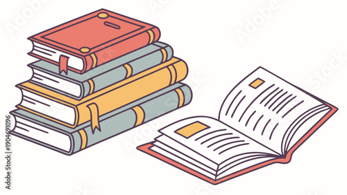 A stack of colorful hardcover books next to an open book with visible text and pages.