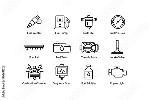 Automotive engine components: fuel injector, pump, filter, pressure, rail, tank, throttle body, intake valve