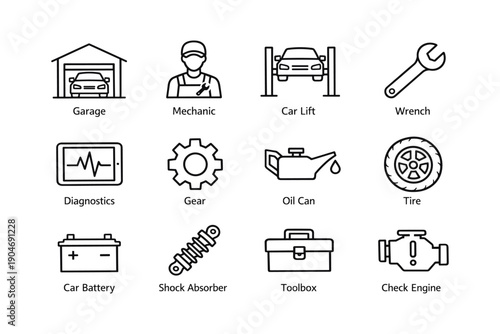 Automotive icons: garage, mechanic tools, car parts, maintenance symbols