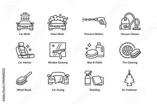 Car cleaning and maintenance icons: complete auto care set
