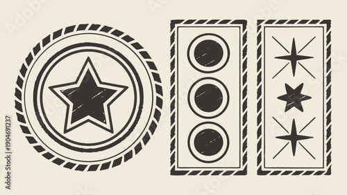 Vintage set of rubber stamps with star and geometric shapes on a light beige background