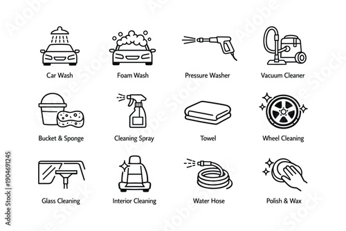 Car cleaning icons: foam wash, pressure washer, vacuum cleaner, wheel cleaning, interior care