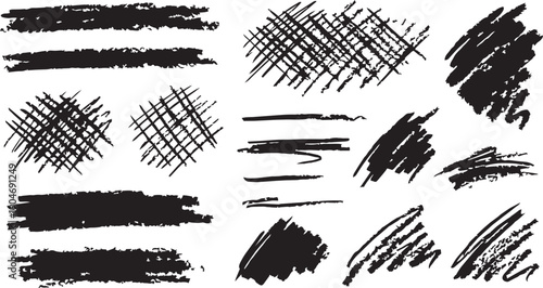 Set of hand drawn grunge scribble and cross hatch textures. Vector pencil sketch shading and black ink brush strokes collection.