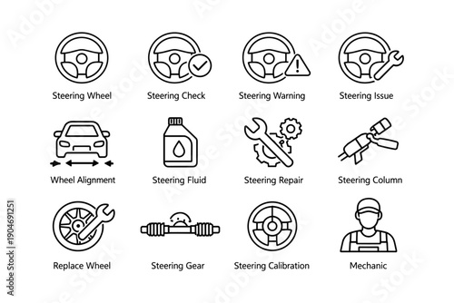 Car maintenance icons for steering and repair overview