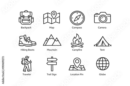 Camping icons: backpack, map, compass, camera, hiking boots, mountain, campfire