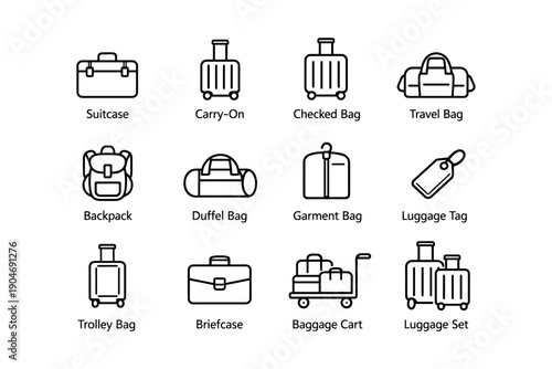 Variety of luggage icons: suitcase, carry-on, backpack, duffel, luggage set