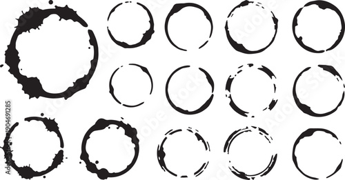 Set of grunge coffee cup stains and ink rings. Vector black dirty tea mug bottom prints and splash circle stamps.