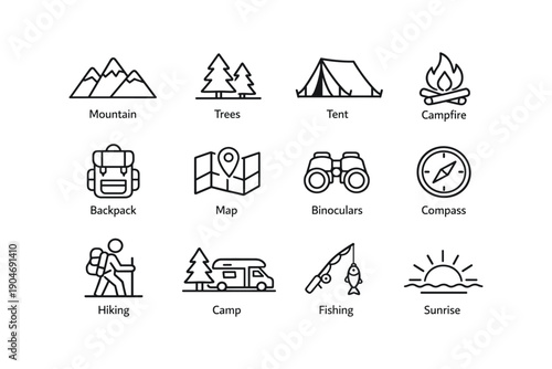 Adventure icons: mountains, tent, campfire, backpack, map, compass, hiking, fishing, sunrise