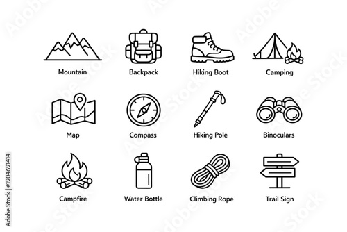 Outdoor adventure icons: mountain, backpack, hiking boot, camping, map, compass, hiking pole, binoculars, campfire, water bottle, climbing rope, trail sign