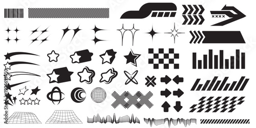 Retrofuturistic, y2k, rave trip elements set. Acid geometric shapes in y2k style. Psychodelik, vaporwave 80s, 90s elements. Y2k symbols Translation of Japanese inscriptions - cyberpunk, paradise