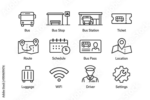 Public transport icons: bus, ticket, schedule, luggage, driver