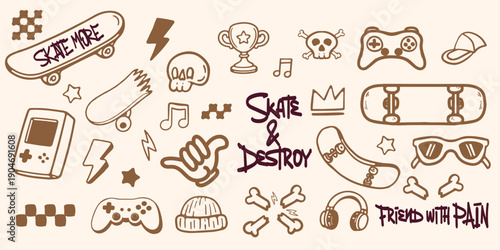 Cool skateboard and gaming doodle vector set for stickers, t-shirts, posters, and other uses.