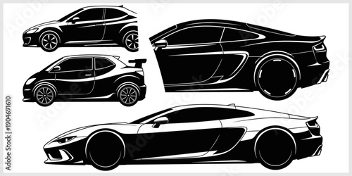 Set of Black and White Sports Cars Coupe Hatchback and Sedan Silhouettes.