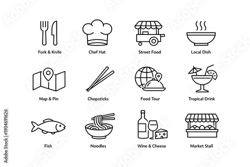 Icon set featuring culinary items and travel elements