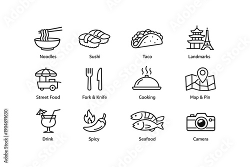 Icon set featuring noodles, sushi, taco, landmarks, and more