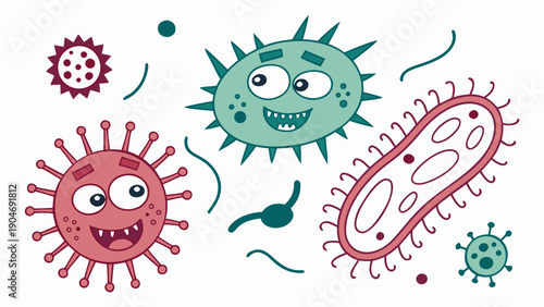 A collection of cute and funny cartoon bacteria and viruses in various shapes and colors.