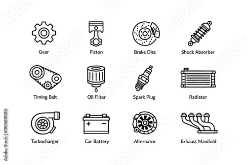 Essential automotive parts icons: gear, piston, brake disc, shock absorber, radiator