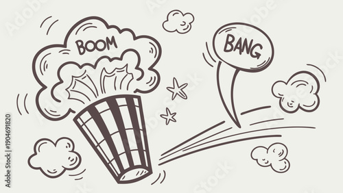 Pair of charcoal style hand-drawn explosions featuring the words boom and bang inside cloud bursts and speech bubbles on a plain background.