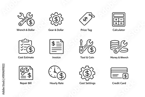 Financial tools and symbols: calculator, wrench, dollar, gear, invoice, credit card