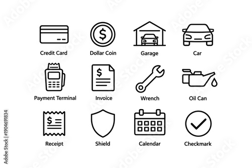 Finance and maintenance icons: credit card, dollar coin, garage, car, payment terminal