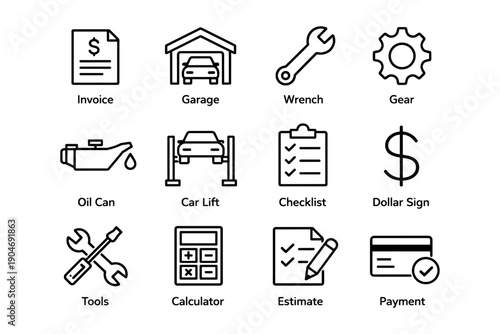 Automotive maintenance icons: invoice, garage, wrench, gear, oil can