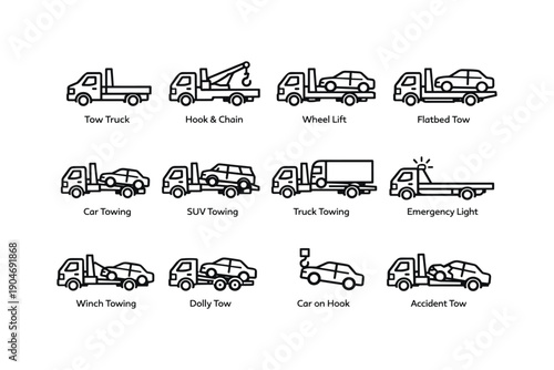 Different tow truck types and towing methods illustrated