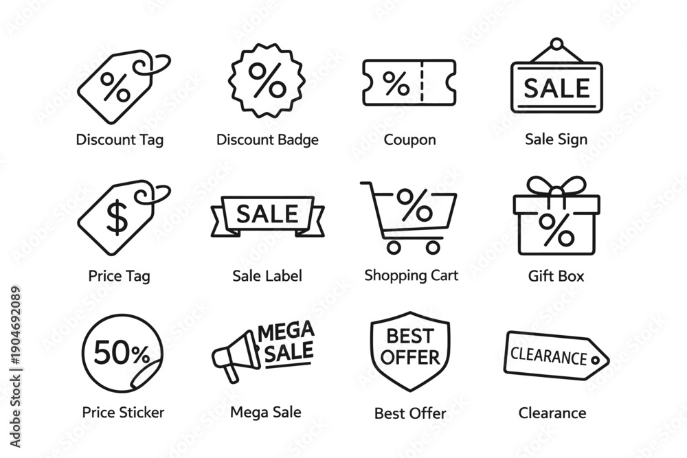 Fototapeta premium Discount tags and sale icons: coupon, badge, cart, label, gift box