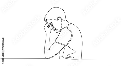Line drawing of a young man sitting with his head in hands, expressing sadness and frustration, on a transparent background