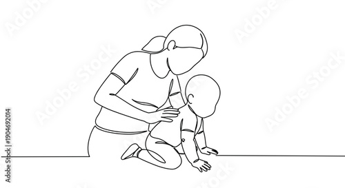Line drawing of a parent and child engaged in creative playtime on a transparent background with a focus on education and bonding.