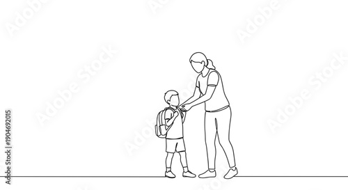 Line drawing of a mother helping her child with a backpack in a simple setting on a transparent background