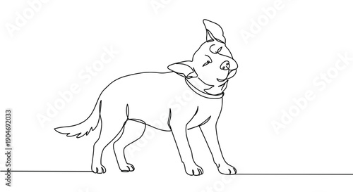 Line drawing of a playful dog standing in a garden on a transparent background with a joyful expression and a wagging tail, showcasing an energetic pose.