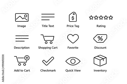 E-commerce icon set: price tag, rating, cart, favorite, discount