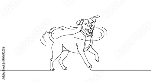 Line drawing of a running dog on a transparent background with flowing fur and a playful expression captured at a dynamic angle in a minimalist style